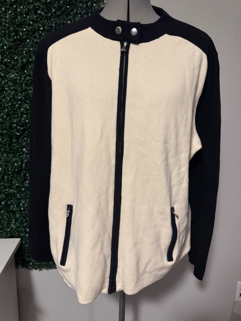 Ralph Lauren Black & Cream Zip Knit Jacket with Logo Hardware